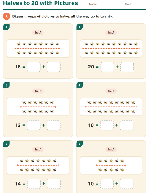 Preview of Doubles and Halves worksheet featuring Insects and Bugs for grade 1