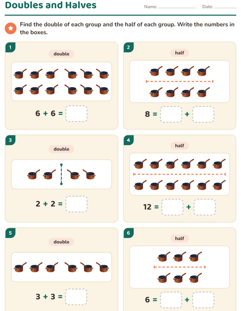 Preview of Doubles and Halves worksheet featuring Kitchen Tools for grade 1