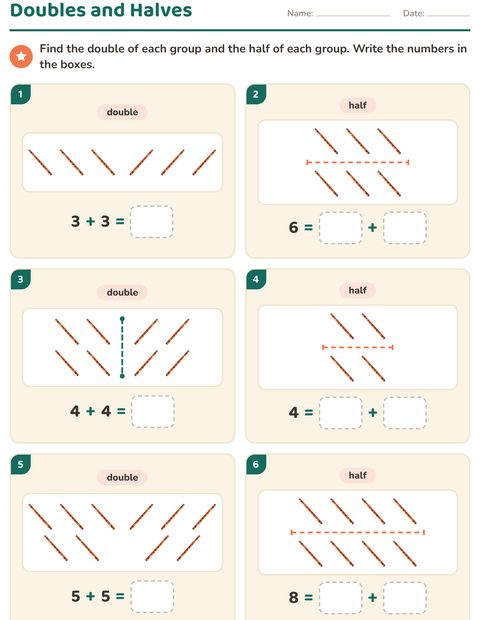Preview of Doubles and Halves worksheet featuring Music for grade 1