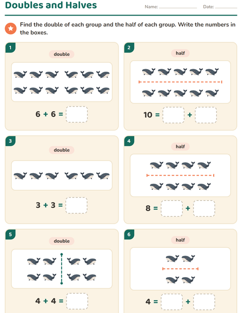 Preview of Doubles and Halves worksheet featuring Ocean Life for grade 1