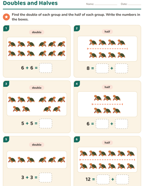 Preview of Doubles and Halves worksheet featuring Reptiles and Amphibians for grade 1