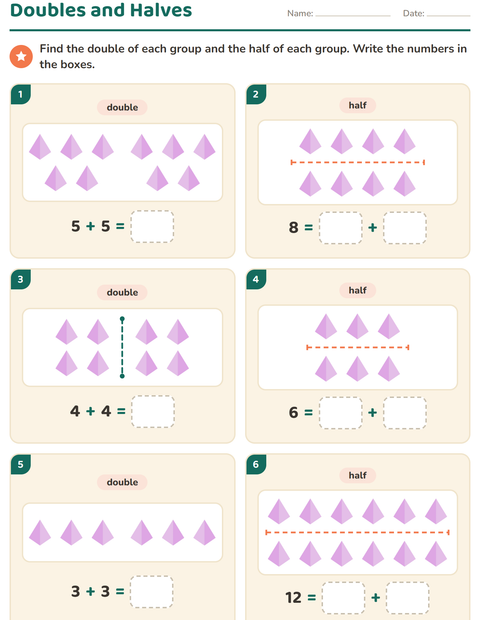 Preview of Doubles and Halves worksheet featuring Shapes for grade 1