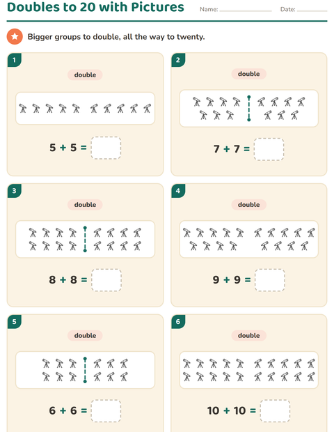 Preview of Doubles and Halves worksheet featuring Space BW for grade 1
