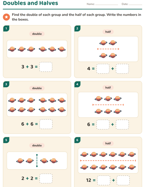Preview of Doubles and Halves worksheet featuring Space for grade 1