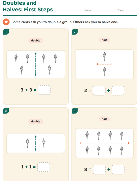 Preview of Doubles and Halves worksheet featuring Sports BW 2 for grade 1