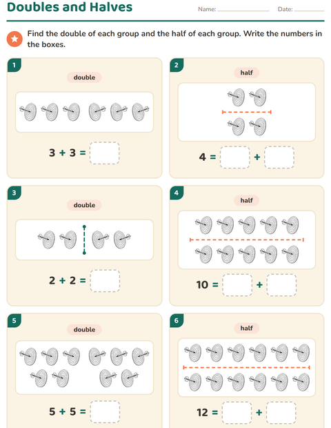 Preview of Doubles and Halves worksheet featuring Sports BW for grade 1