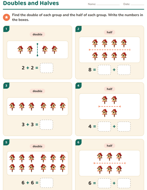 Preview of Doubles and Halves worksheet featuring Spring for grade 1