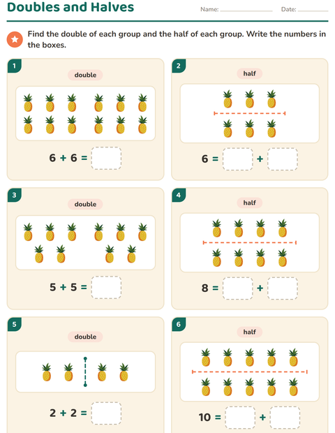 Preview of Doubles and Halves worksheet featuring Summer for grade 1
