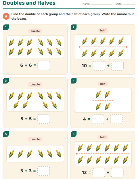 Preview of Doubles and Halves worksheet featuring Thanksgiving for grade 1