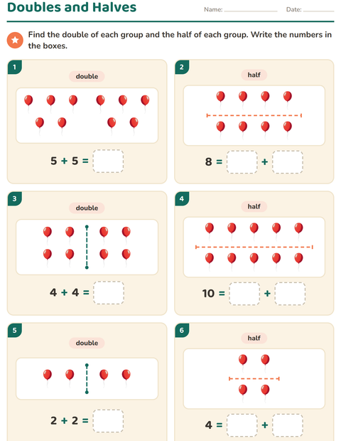 Preview of Doubles and Halves worksheet featuring Things That Fly for grade 1