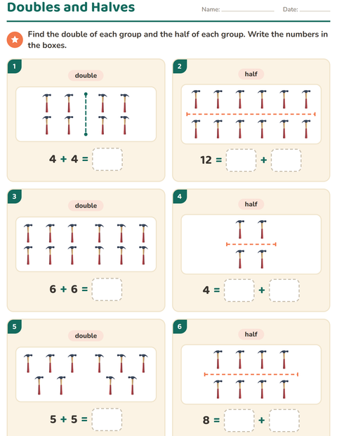Preview of Doubles and Halves worksheet featuring Tools for grade 1