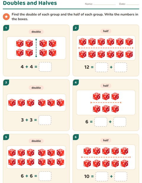 Preview of Doubles and Halves worksheet featuring Toys for grade 1