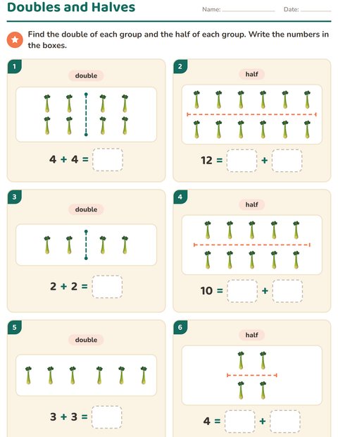Preview of Doubles and Halves worksheet featuring Vegetables for grade 1