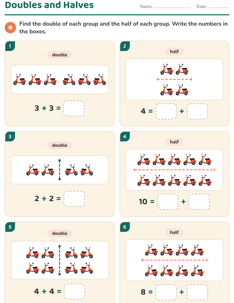 Preview of Doubles and Halves worksheet featuring Vehicles for grade 1