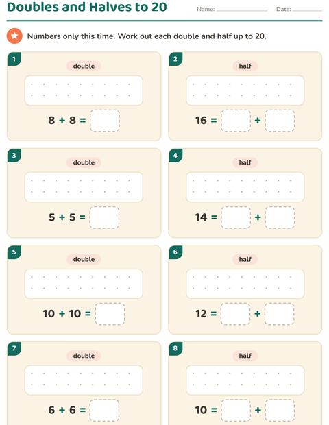 Doubles and Halves to 20: Numbers Only, Eight Cards