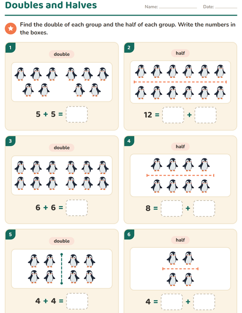 Preview of Doubles and Halves worksheet featuring Winter for grade 1