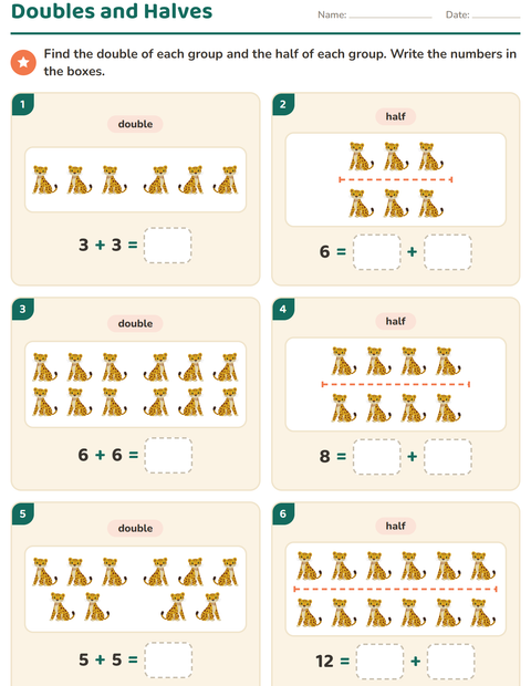Preview of Doubles and Halves worksheet featuring Zoo Animals for grade 1