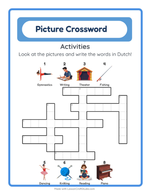 Preview of Learn Dutch: Activities – Picture Crossword for Kids