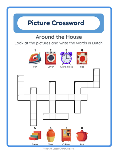 Preview of Learn Dutch: Household Things – Picture Crossword for Kids
