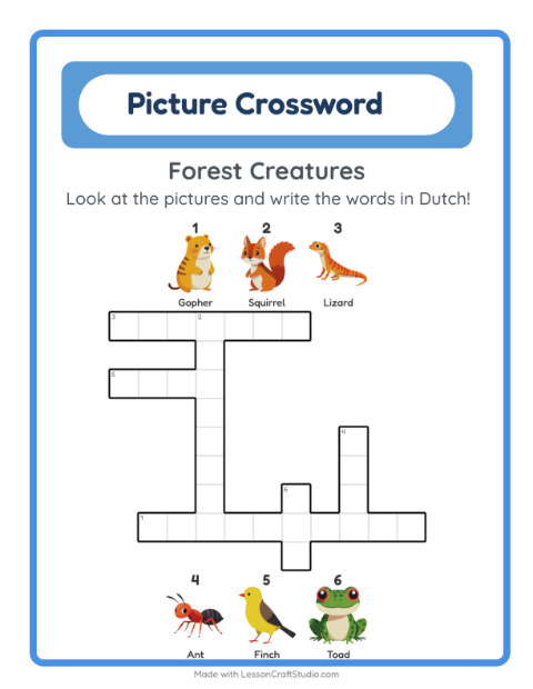 Preview of Learn Dutch: Forest Creatures – Picture Crossword for Kids