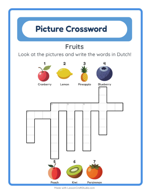 Preview of Learn Dutch: Fruits – Picture Crossword for Kids