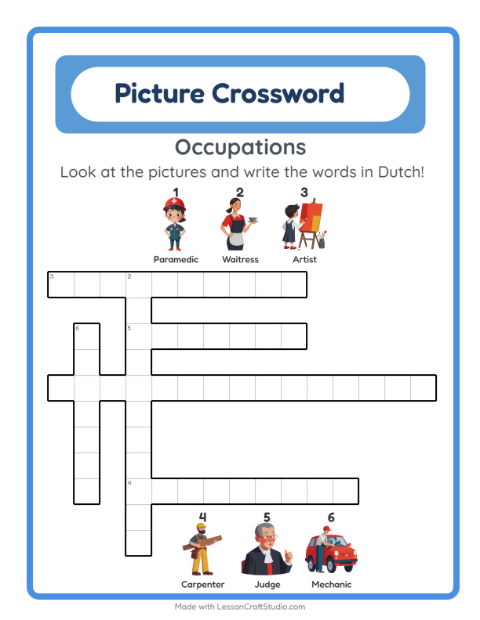 Preview of Learn Dutch: Community Helpers – Picture Crossword for Kids