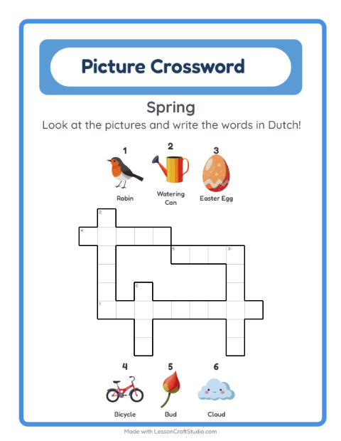 Preview of Learn Dutch: Spring – Picture Crossword for Kids
