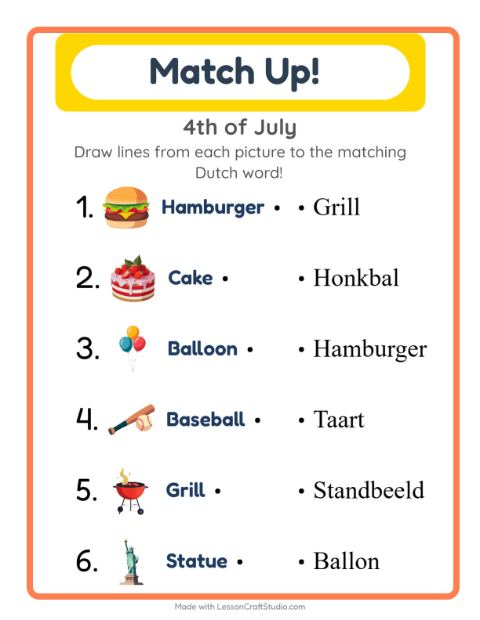 Picture-word match – Fourth of July Things