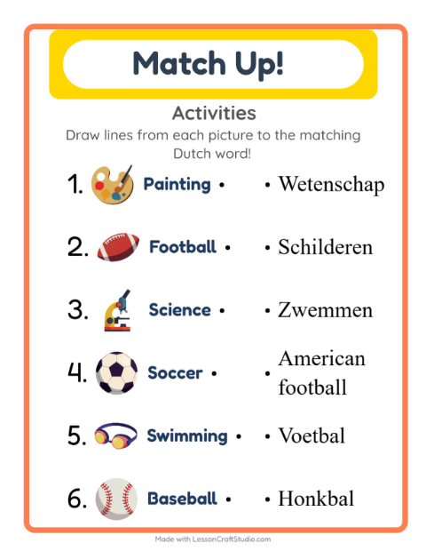 Preview of Learn Dutch: Activities – Picture-Word Match for Kids