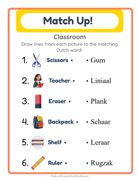 Picture-word match – Classroom Objects