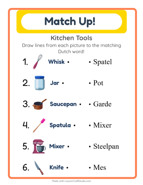 Picture-word match – Kitchen Tools
