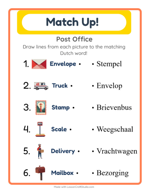 Preview of Learn Dutch: Post Office – Picture-Word Match for Kids