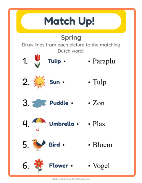Preview of Learn Dutch: Spring – Picture-Word Match for Kids