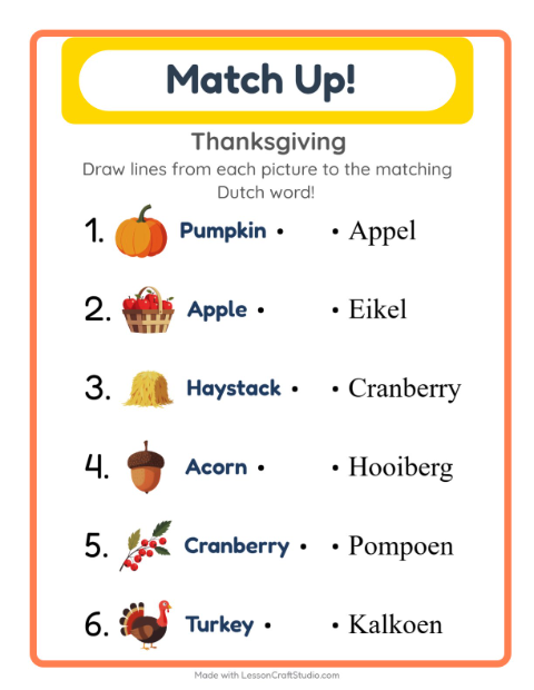Picture-word match – Thanksgiving