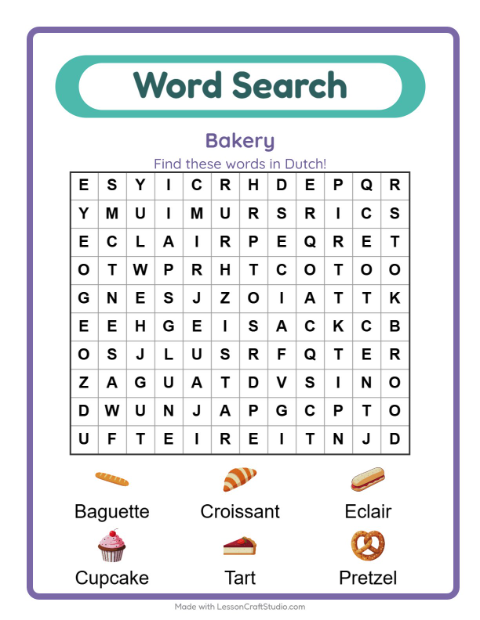 Picture word search – Bakery Treats