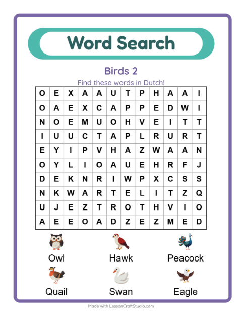 Picture word search – More Birds