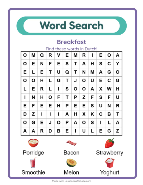 Preview of What is on a Dutch breakfast table — six words to find and circle