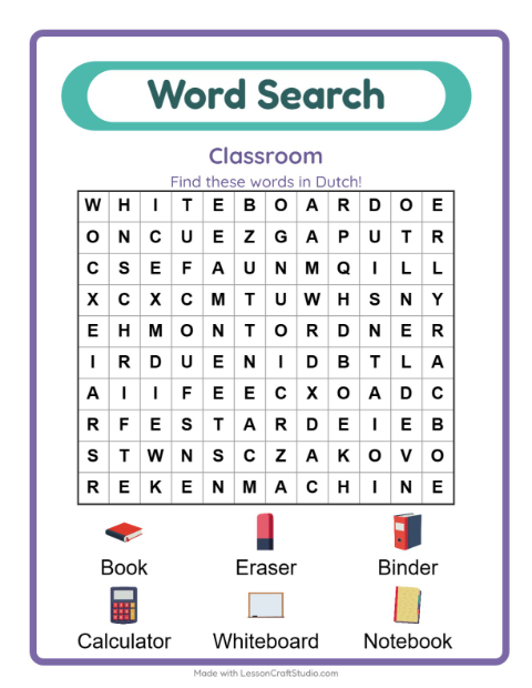 Picture word search – Classroom Objects