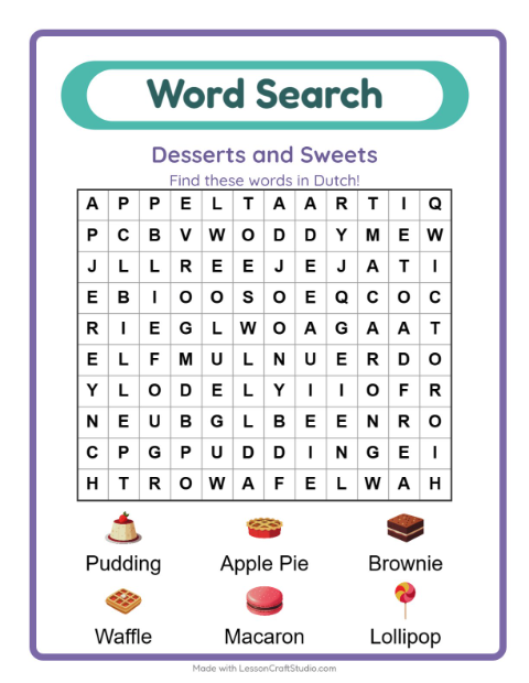 Picture word search – Desserts and Sweets