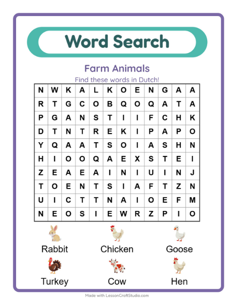 Picture word search – Farm Animals