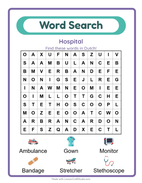 Picture word search – Hospital Things