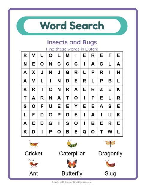 Preview of Garden minibeasts in Dutch — six words to track down