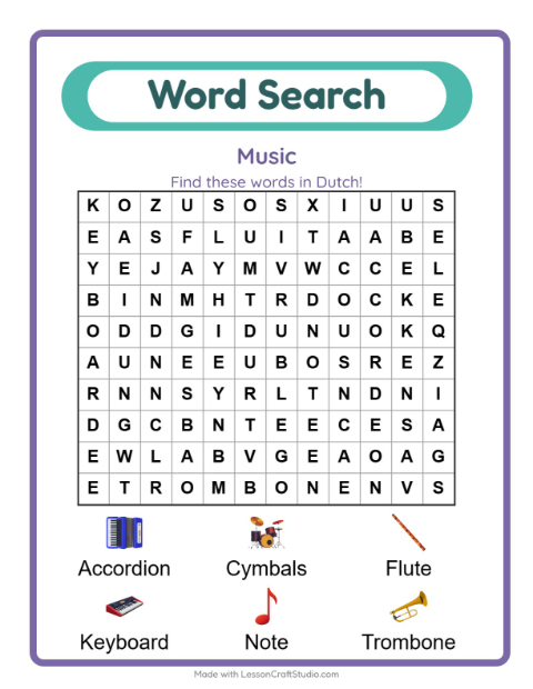 Picture word search – Musical Instruments