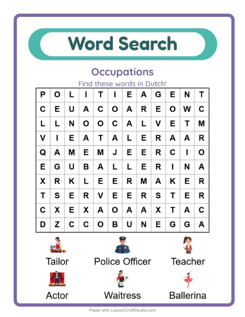 Preview of Six Dutch words for people at work, hidden in one grid