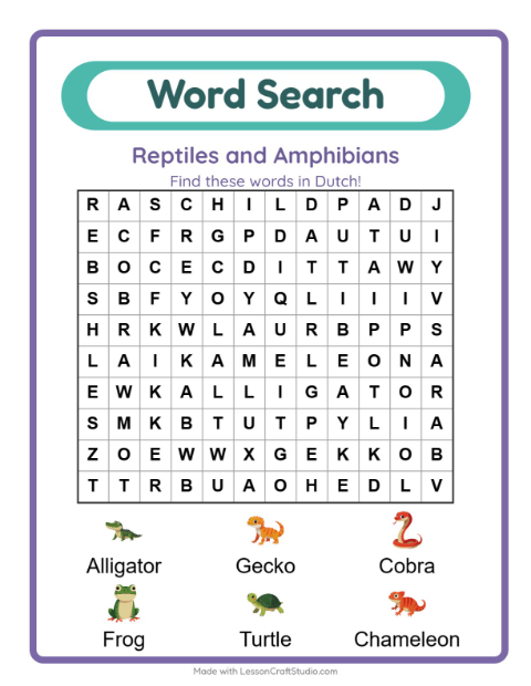 Picture word search – Reptiles and Amphibians