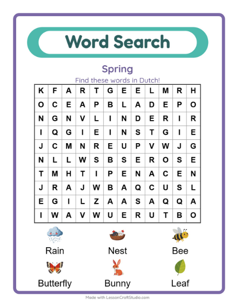 Preview of Spring in Dutch: six words to find in the letter grid