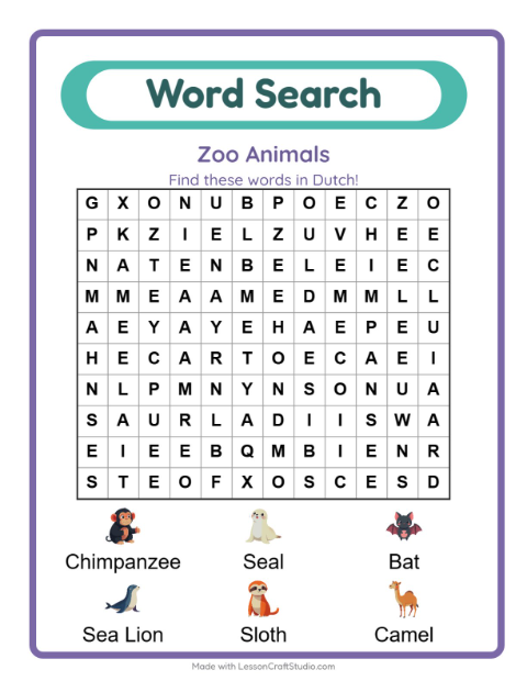 Picture word search – Zoo Animals