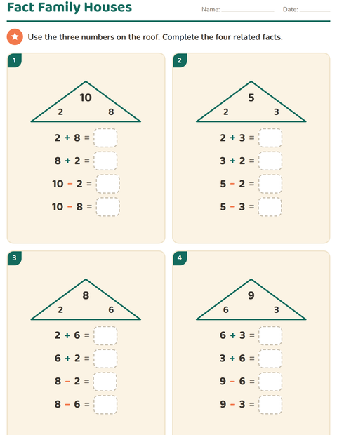 Preview of Fact Families worksheet for grade 1