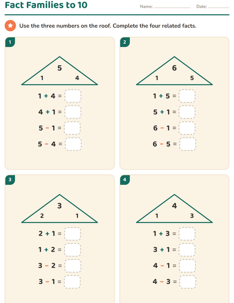 Preview of Fact Families worksheet for grade 1