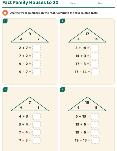 Preview of Fact Families worksheet for grade 1